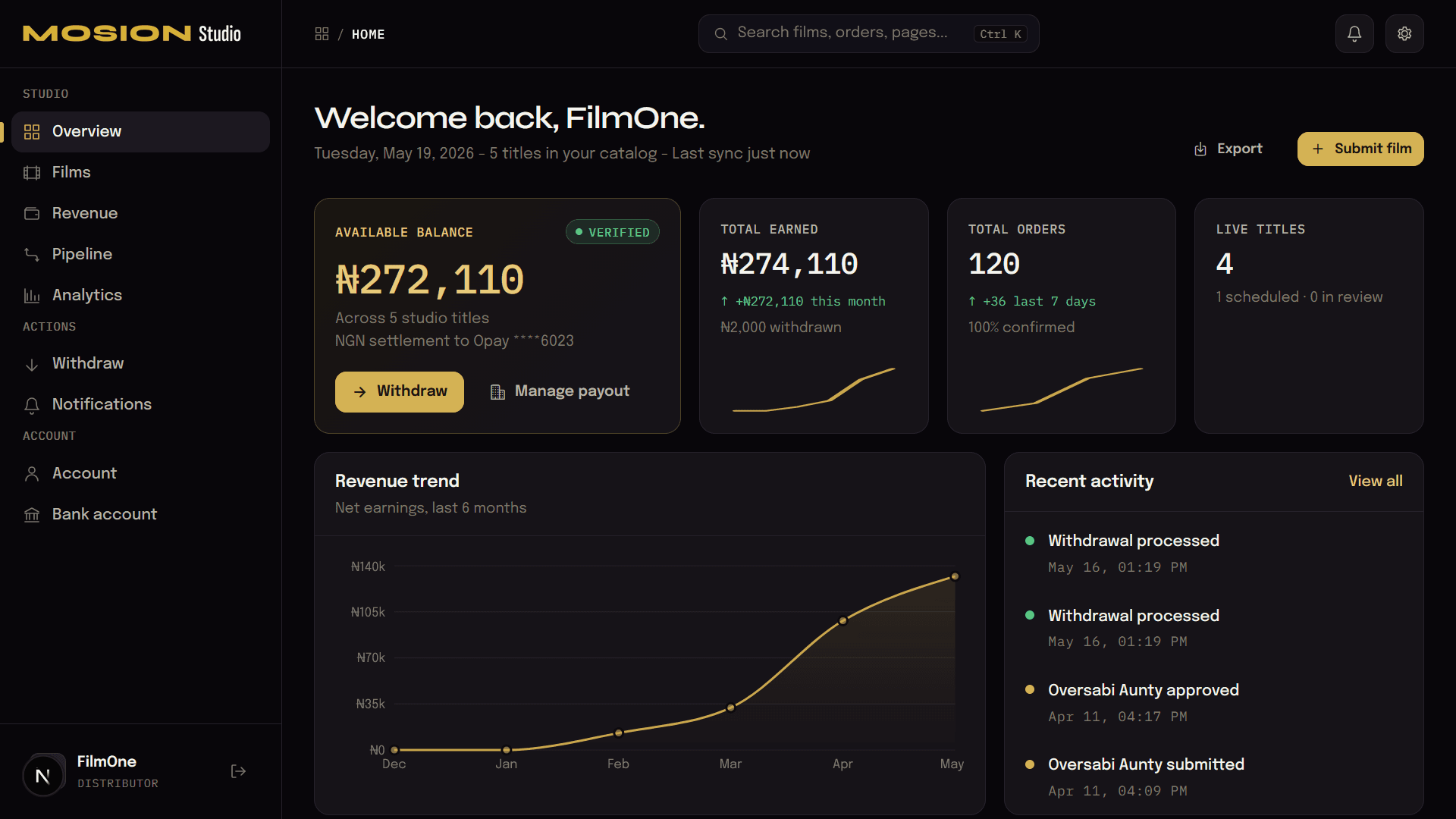 Mosion Studio partner dashboard - sample overview with revenue, orders and recent activity